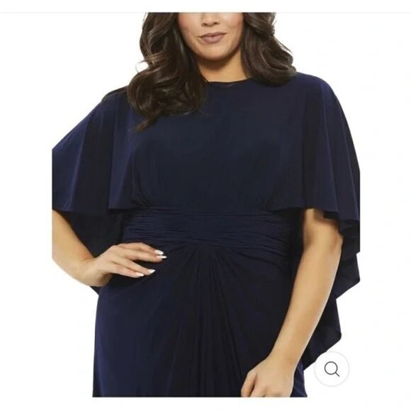 Mac Duggal Jersey Cape A Line Maxi Evening Gown Dress Navy Blue Sz 14W NWT 67929 - Picture 2 of 6